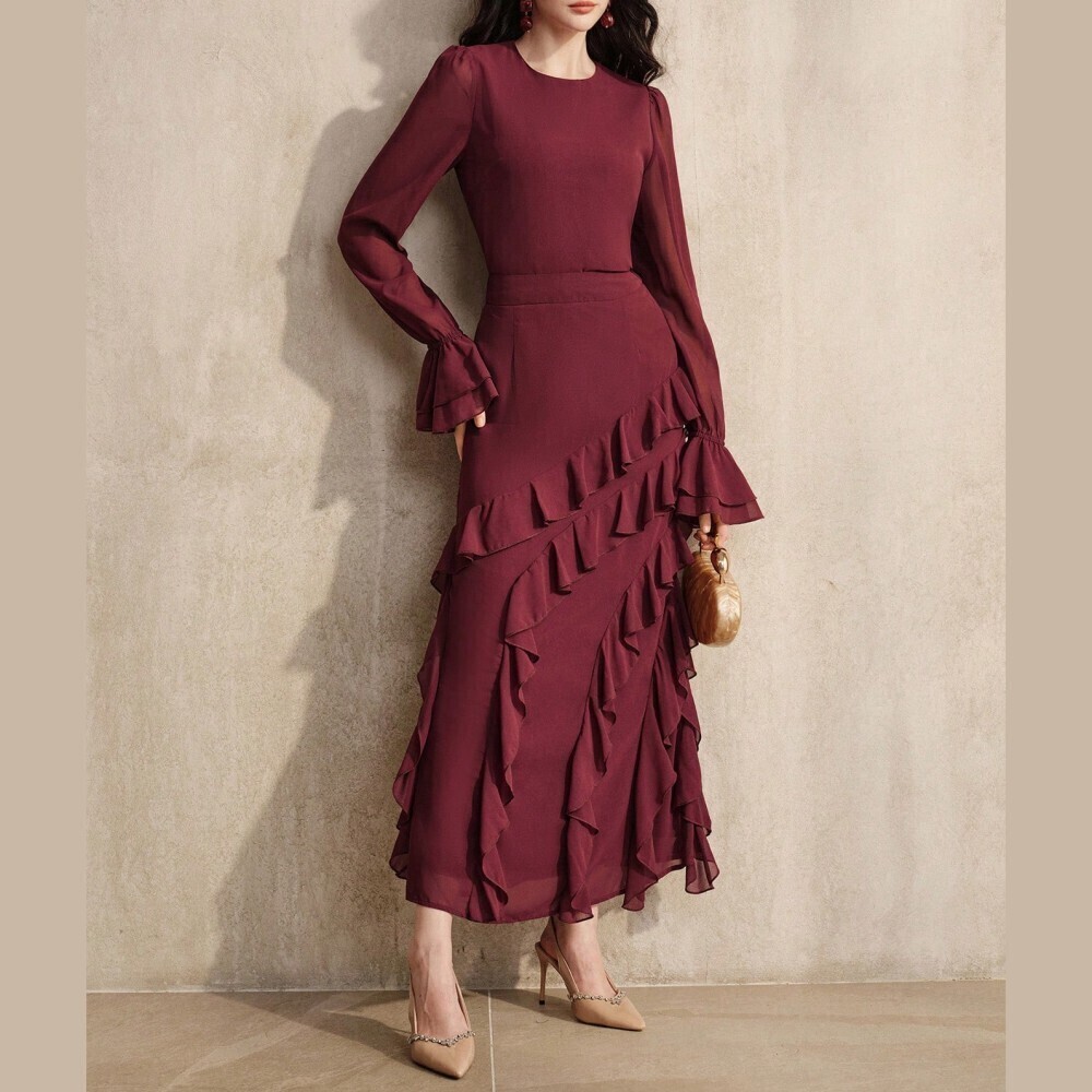 Burgundy Round Neck Ruffle Cuff Blouse and Asymmetric Maxi Skirt Set